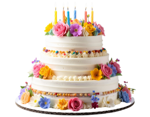  Tiered Celebration Cake with Decorations, Front Perspective, isolated transparent background png