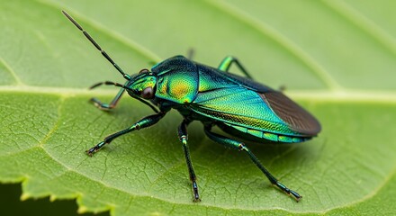 Naklejka premium Iridescent Jewel Bug on Green Leaf.
