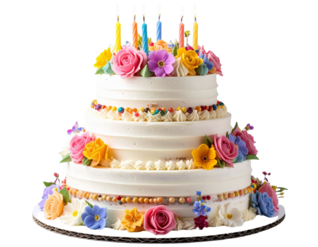  Tiered Celebration Cake with Decorations, Front Perspective, isolated transparent background png