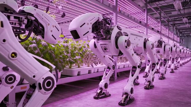 Sleek white quadrupedal robots move through a massive indoor vertical farm, using robotic arms to inspect and harvest hydroponic vegetables under purple LED grow lights.
