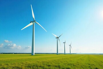 Majestic wind turbines gracefully spinning in a vast, open field under a bright blue sky, generating clean, renewable energy A stunning display of sustainable power , wind power, rotor, electricity