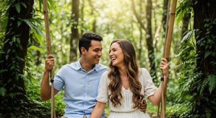 Romantic Couple on Swing in Lush Green Forest.