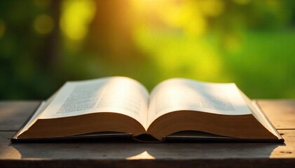 Open book rests on a wooden table, sunbeams illuminating its pages, conveying peace and serenity Perfect for concepts of mindfulness, self-discovery, and inner peace , self-help, positive energy