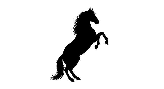 A powerful black silhouette of a majestic horse rearing up on its hind legs.
