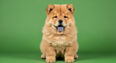 Adorable chow chow puppy posing with its unique blue tongue against green background
