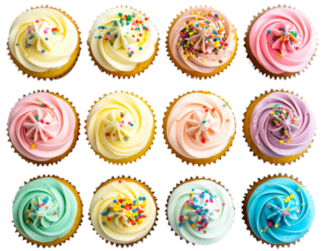 Top-Down View of Festive Cupcakes with Sprinkles, isolated transparent background png
