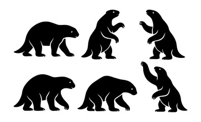 Silhouette collection of sloth bear poses in black design on white background