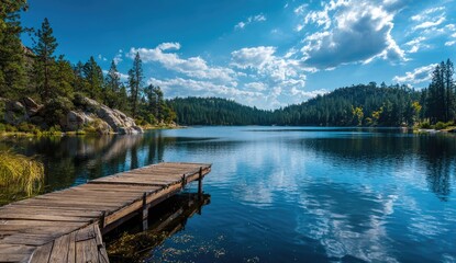 Fototapeta premium Serene lake with wooden dock under a vast sky