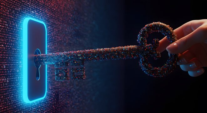 Key Enters Glowing Lock with Hand on Digital Data Background