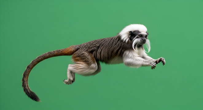 Captivating portrait of a comical emperor tamarin leaping with its distinctive mustache and crown