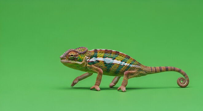 Isolated panther chameleon walking on a lush green backdrop showcasing natural elegance