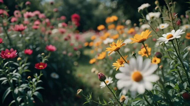Vibrant meadow bursting with a variety of colorful flowers in full bloom on a sunny day