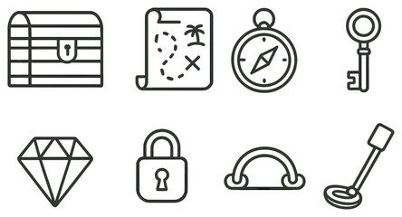 Treasure hunt linear icon set. featuring chest, map, compass, key, diamond, lock, arch, detector symbols