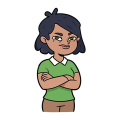 Confident Woman Cartoon Illustration: This cartoon illustration depicts a self-assured woman, arms crossed, exuding confidence. With her stylish hair and composed expression.