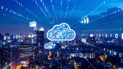 Futuristic cityscape with cloud computing and data flow connecting innovative solutions - Powered by Adobe