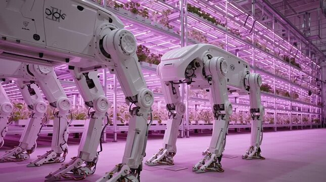 Sleek white quadrupedal robots move through a massive indoor vertical farm, using robotic arms to inspect and harvest hydroponic vegetables under purple LED grow lights.
