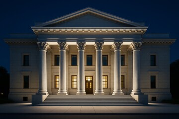 Fototapeta premium Neoclassical building with tall Corinthian columns illuminated at night, showcasing grand architectural design against a dark evening sky. Ai generative