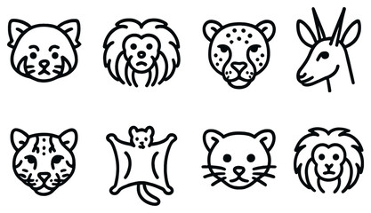 Fototapeta premium Wild animals linear icon set. featuring tiger, lion, leopard, gazelle, flying squirrel, cub