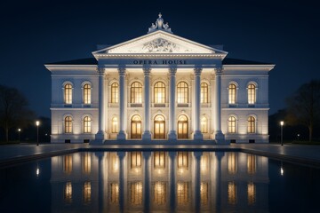 Illuminated classical opera house building at night with reflection in water and dramatic lighting background, creative architectural concept. Ai generative