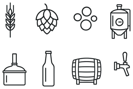 Brewery equipment linear icon set. featuring wheat, hops, yeast, fermenter, bottle, barrel, tap symbols