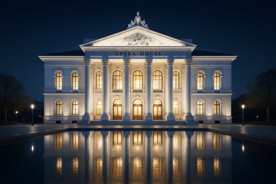 Illuminated classical opera house building at night with reflection in water and dramatic lighting background, creative architectural concept. Ai generative