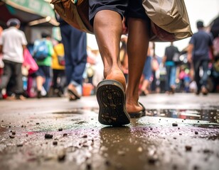 Walking Through Reflections A Vibrant Market Scene in Focus