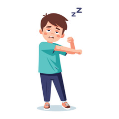 Fototapeta premium Sleepy Morning: A drowsy cartoon boy stretches after a long night's sleep, ready to start his day with a yawn and a stretch, depicting a universal experience.
