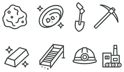 Mining tools and material linear icon set. featuring stone, gold, shovel, pickaxe, ingot, helmet, conveyor, factory