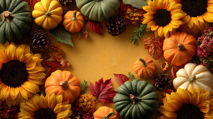 a cheerful autumn-themed bckground featuring a variey of pumpkins alongside brght sunflowers and fall leves. autumn harvest decor,pumpkin and sunflower compsitions, seasonal fall floal