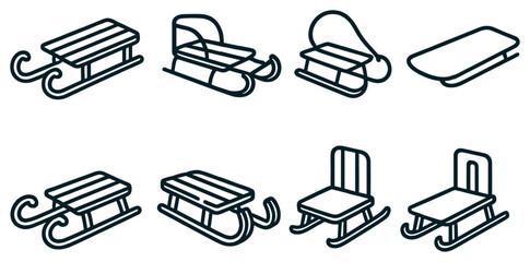 Winter sports linear icon set. featuring sled, sleigh, and toboggan symbols