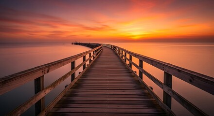 Fototapeta premium Long wooden pier stretching into the ocean at vibrant sunset.