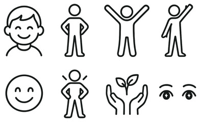 Human emotions and actions linear icon set. featuring smiling face, standing pose, hands up, child, and growth symbols
