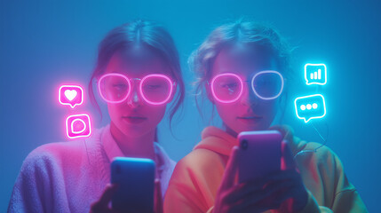 Two young individuals are absorbed in their smartphones, illuminated by neon lights.