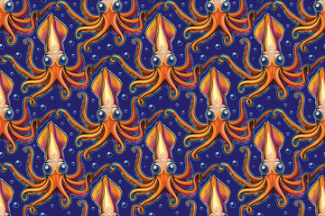 Seamless Vector Pattern of Cute Cartoon Squid &ndash; High-Quality, Editable, Tileable Design for Kids Products, Fabrics, Packaging, and Digital Projects