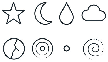 Nature elements linear icon set. featuring star, moon, water drop, cloud, earth, spiral symbols