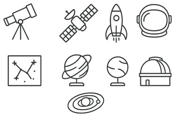 Fototapeta premium Astronomy linear icon set. featuring telescope, satellite, rocket, astronaut helmet, constellation, planet, globe, observatory, solar system