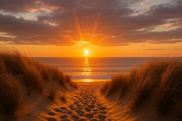 Serene sunset over ocean viewed from sandy dune path with grass  