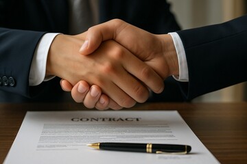 Business partners shaking hands over signed contract on table  