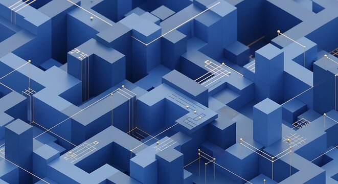 Abstract 3d render of a blue geometric maze with glowing lines and nodes