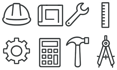 Fototapeta premium Construction tools linear icon set. featuring helmet, blueprint, wrench, ruler, gear, calculator, hammer, compass