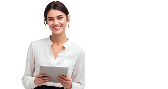 businesswoman in professional attire holding a tablet, smiling and looking at the camera, isolated on a transparent background.  - Powered by Adobe