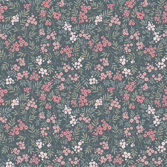 Vintage floral background. Seamless vector pattern for design and fashion prints. Flowers pattern with small pink , white and peach flowers on a dark gray green background. Ditsy style. Stock print

