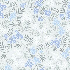 Cute floral pattern in small vintage flowers. Small light blue and white flowers. Gray background. Ditsy print. Floral seamless background. Gentle template for fashion prints. Fashion summer print. © ann_and_pen