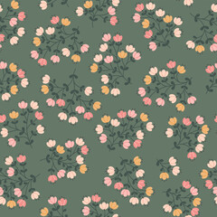 Flower vintage pattern, ditsy floral seamless pattern, small little cute yellow and orange flowers, green background. Floral repeat pattern. Ditsy print, surface design. Ditsy floral for fashion print