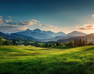 Lush valley at sunset, mountains in the background