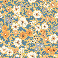 Fototapeta na wymiar Retro floral pattern in small flowers. Small white and orange natural flowers. Gold yellow mustard background. Ditsy print. Floral seamless background. Cute vintage template for fashion prints. Stock 