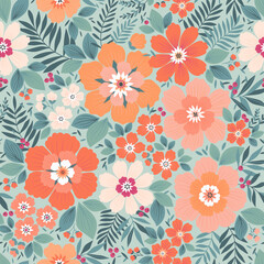 Vector romantic liberty floral seamless pattern. Flowers field floral pattern in pale pastel colors orang, ivory and coral. Beautiful digital textile seamless floral, blue green background. Stock 
