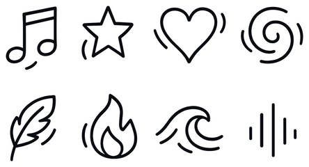 Naklejka premium Emotion and nature linear icon set. featuring music, star, heart, swirl, feather, fire, wave, and sound symbols