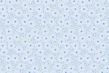 Cute floral pattern in small hand drawn daisy flowers. Small white flowers. Light blue background. Ditsy print. Floral seamless background. Gentle template for fashion prints. Fashion summer print. 
