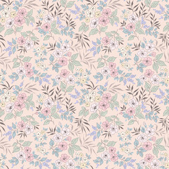 Seamless floral pattern. Cute bouquet of small pastel color flowers. Light flowers on pink ivory background in trendy fashion vintage liberty style. Stock vector for prints on surface. Ditsy print

